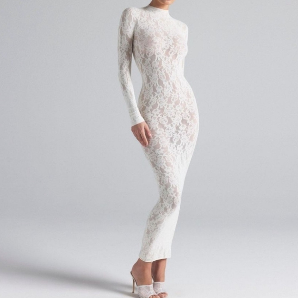 Skims Knit Lace Turtleneck Maxi dress Ivory - Picture 2 of 6